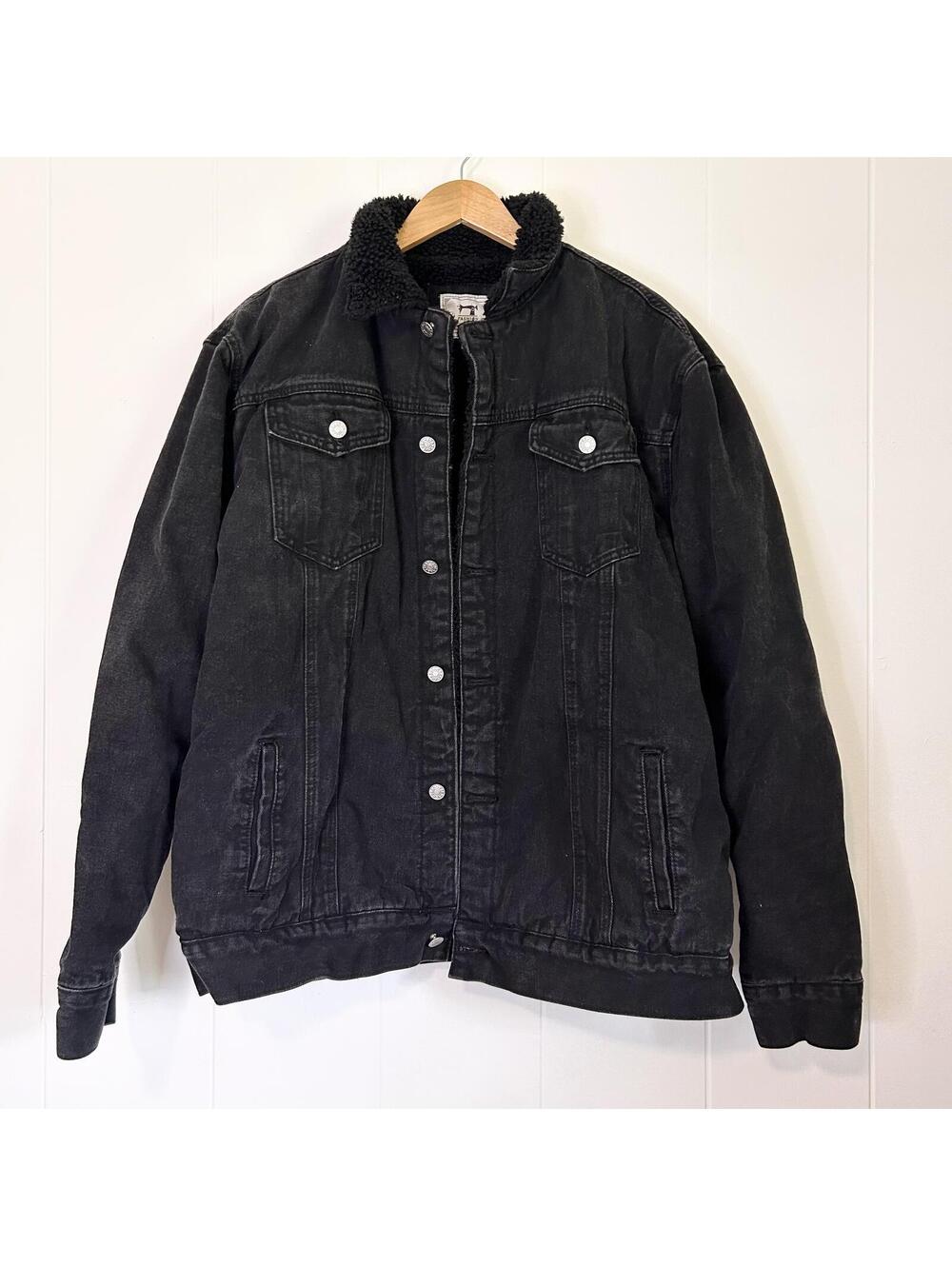 Black Sherpa Lined Denim Jacket Button Up Long Sleeve Jacket Women's 2XL